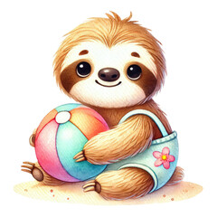 Obraz premium watercolor A cute cartoon sloth, summer theme, sea , beach, vacation time, Cute sloth in swimming.