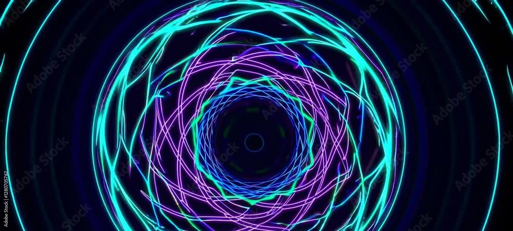 Poster vibrant neon tunnel with dynamic spirals and pulsating light patterns