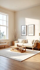 A modern living room with white walls and furniture featuring a couch, coffee table, rug, and decorative items.