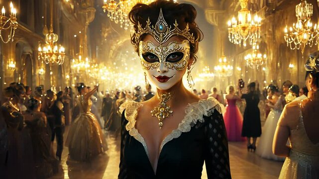 Elegant masquerade ball showcasing intricate masks and vibrant costumes in a lavish ballroom
