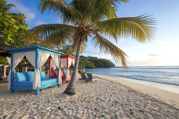 colorful cabanas on a tropical beach