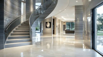Chic Gray Marble Entry Hall with Curved Metal Stairs and Oak Floors.