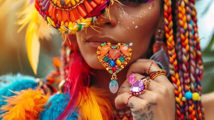 Naklejka premium A close-up shot of a woman wearing a colorful costume and jewelry, with a heart-shaped pendant near her mouth.