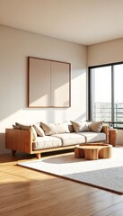 Fototapeta premium Minimalist Living Room with Wooden Flooring and Light Wood Accents.