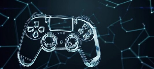 Evolution of gaming interface: 3d wireframe game controller animation on digital background - Powered by Adobe