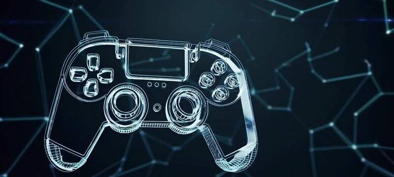 Evolution of gaming interface: 3d wireframe game controller animation on digital background