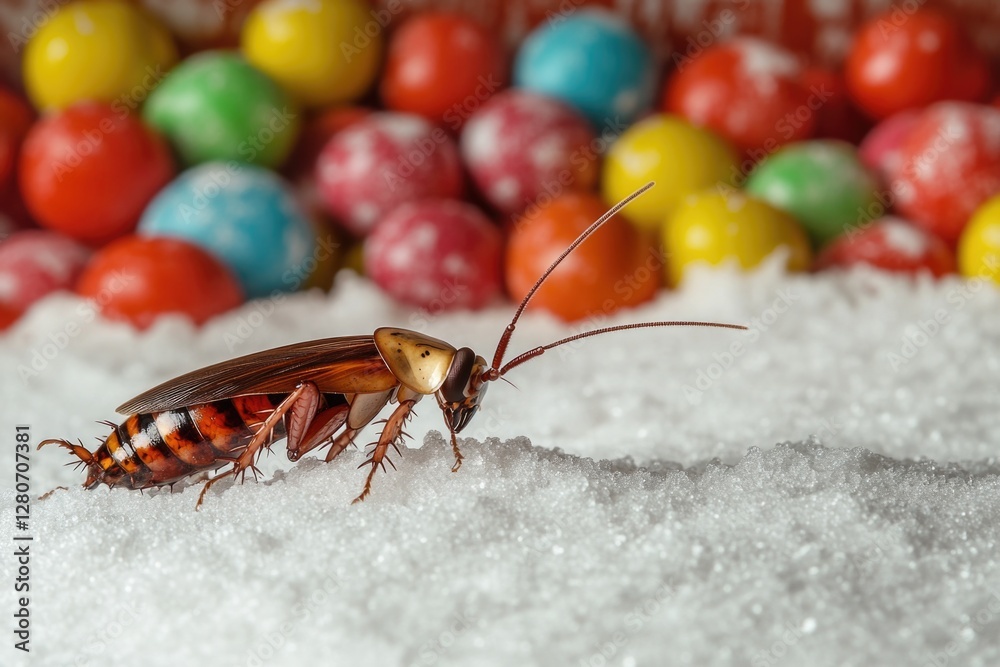 Poster a close-up shot of a bug sitting on a colorful pile of candy