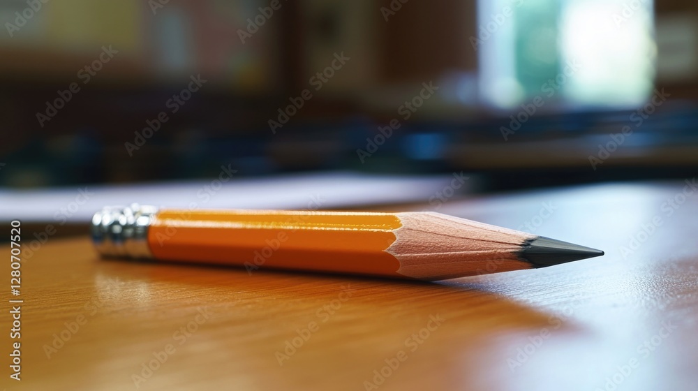 Poster a single pencil resting on the surface of a wooden table, ready for use