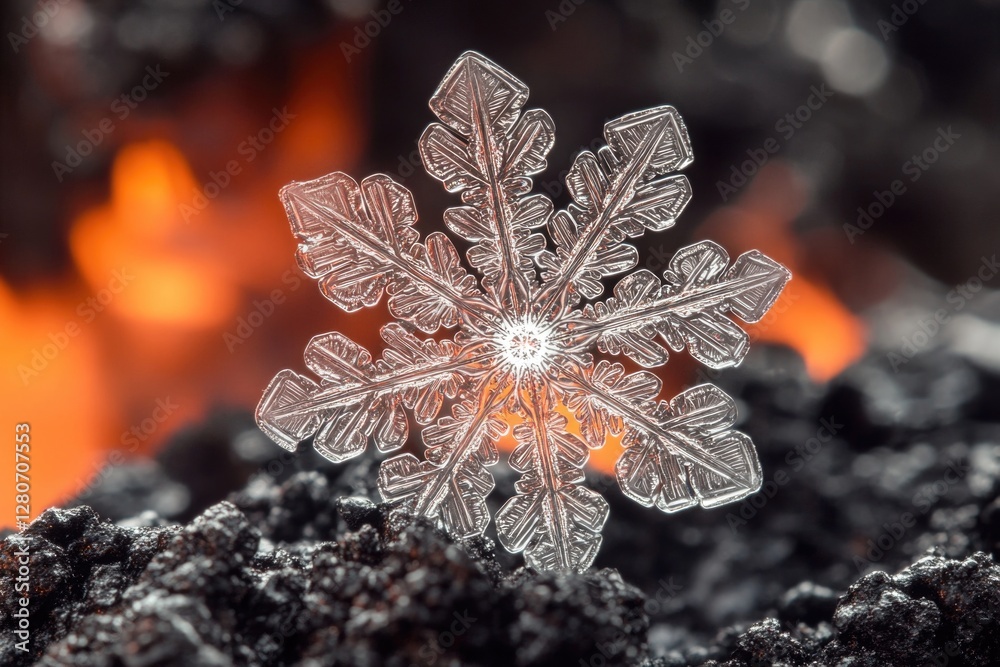 Poster a close-up shot of a delicate snowflake resting on a rocky surface