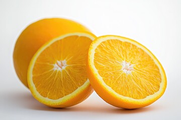 Fototapeta premium Freshly cut oranges on a clean white surface, ideal for still life photography or food styling