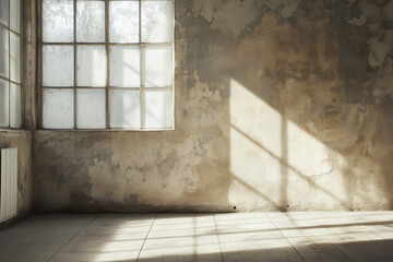 Muted neutral plaster wall with intricate light and shadows from window. serene atmosphere creates calm and inviting space, perfect for various artistic projects