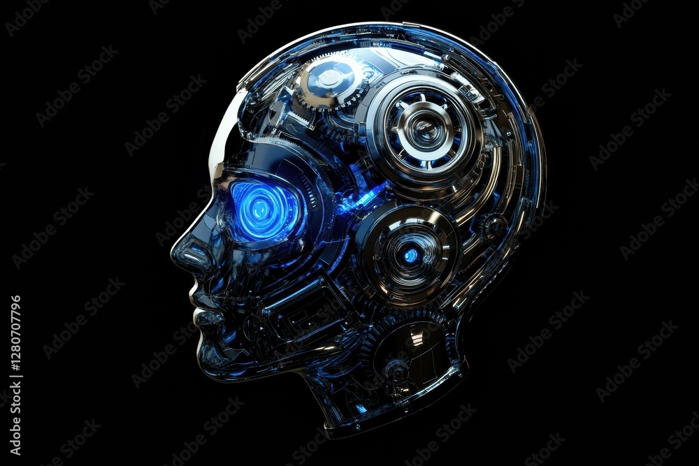 Aufkleber Human head contour filled with interlocking gears and cogs illustrates concepts of artificial intelligence and technology. Generative AI