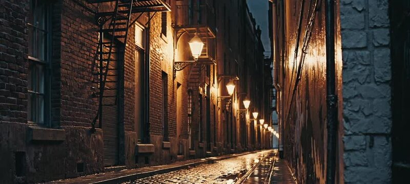 Moody urban alleyway with glowing streetlights and reflections in rainsoaked cobblestones