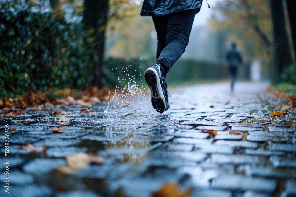 Poster a person holding an umbrella while running in the rain, great for weather-related or action-packed s