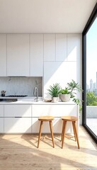 A modern kitchen with white cabinets and wooden stools in front of a large window.