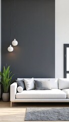Fototapeta premium Minimalist living room with white couch and potted plant.