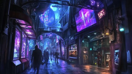 Fototapeta premium Futuristic city alleyway at night. People walking. Possible use Stock photo