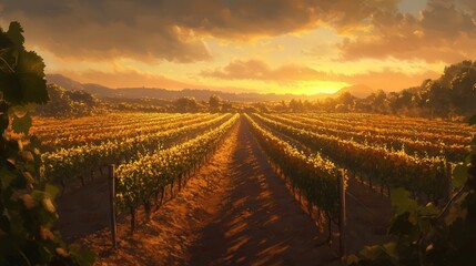 Fototapeta premium grapevines stretch toward the horizon, bathed in golden light. The scent of ripe fruit lingers in the air.