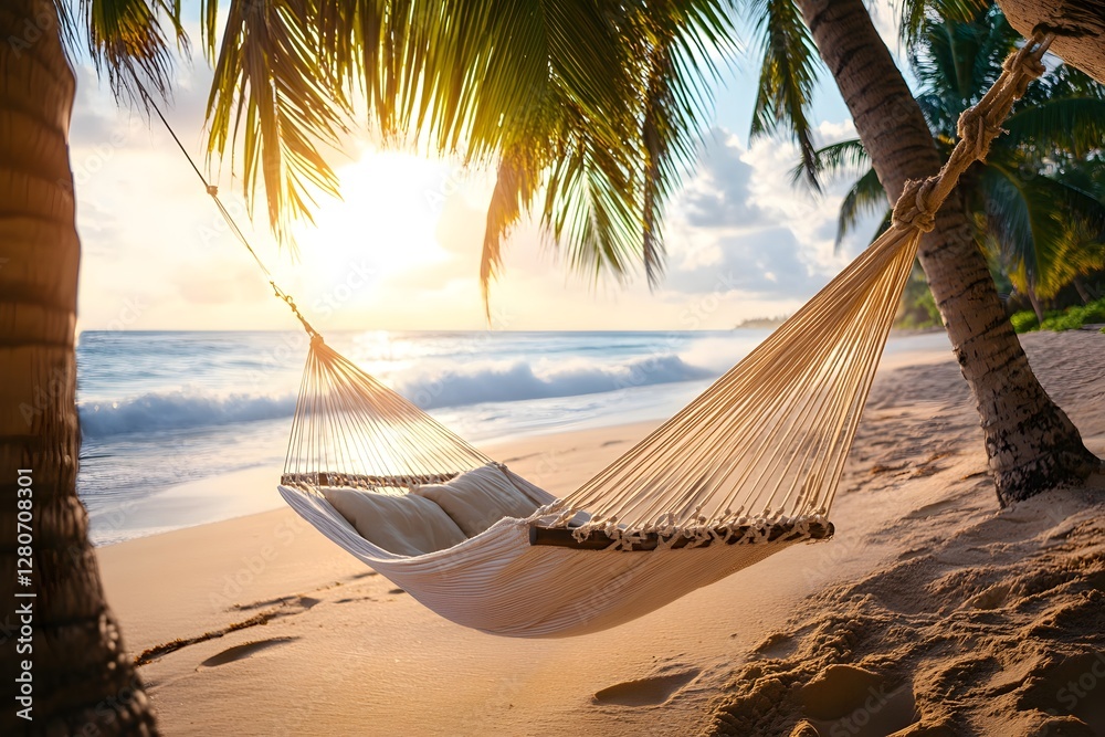 Wall mural a hammock hanging between two palm trees on the beach, with waves crashing in the background and sof