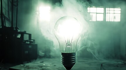 A close-up of a halogen bulb emitting a bright white light with a factory background in soft focus