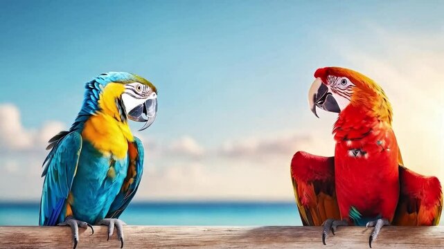 Two vibrant macaws soar gracefully through the clear blue sky, their feathers shimmering in hues of blue, yellow, and red as they enjoy the warm sunset over the tranquil ocean.