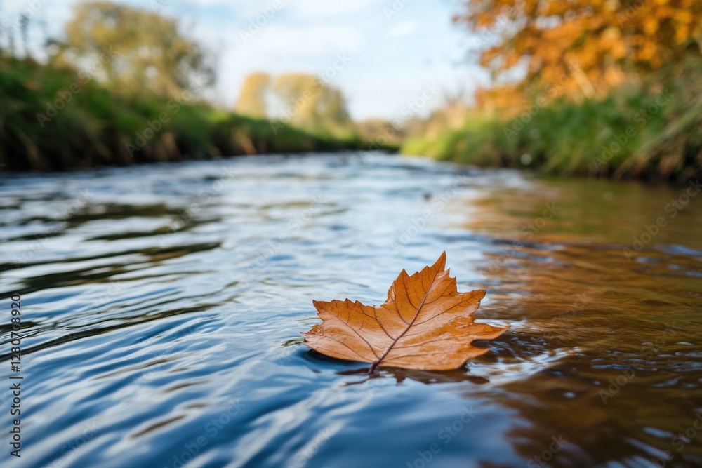 Wall mural A single leaf floats on the surface of calm water, perfect for use in environmental or nature-themed designs