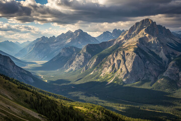 Fototapeta premium Majestic mountain landscape with lush valleys and dramatic clouds