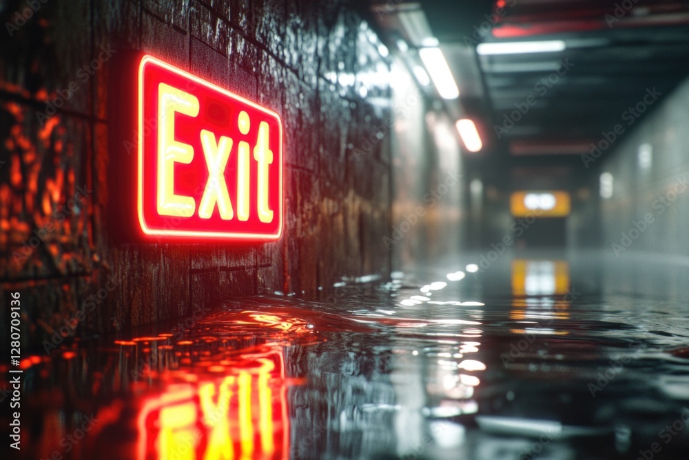 Poster Exit sign on a wet floor, warning of slippery surface