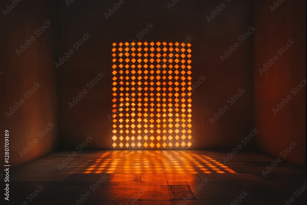 Poster soft, warm light streams through a detailed lattice structure on the wall, casting a captivating geo