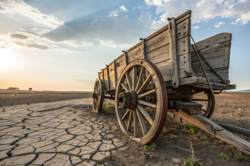 Obraz premium Abandoned wooden wagon on cracked earth under sunset sky