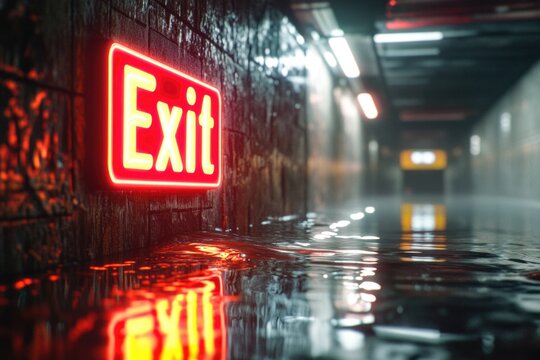 Exit sign on a wet floor, warning of slippery surface