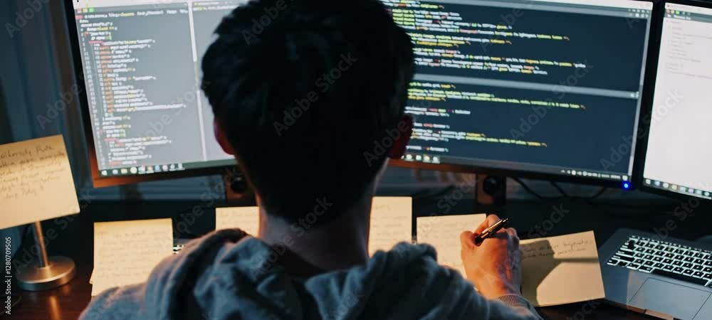 Poster developer coding on dual monitors in modern workspace