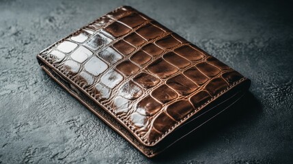 A crocodile leather wallet in a metallic bronze finish on a dark gradient background