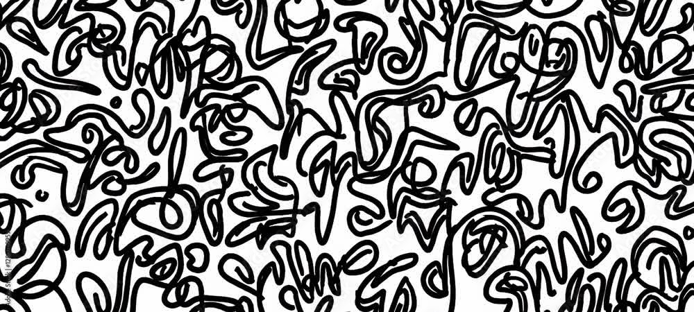 Poster abstract black and white doodle pattern seamlessly morphing into dynamic forms