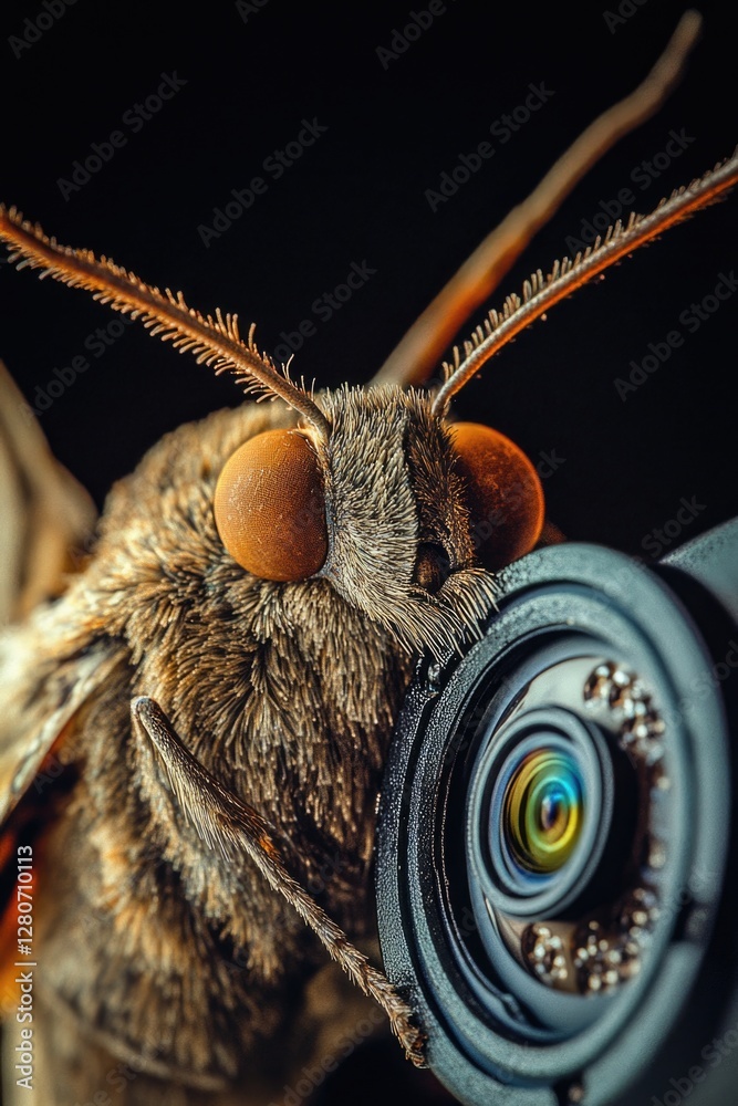 Poster a close-up shot of a bug perched on the lens of a camera