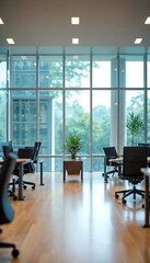 Office Space with Large Windows and Plant.