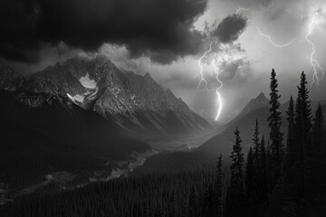 A powerful lightning bolt strikes through the dark sky, captured in striking monochrome
