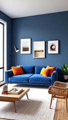 Fototapeta premium The image is a collage of two photographs, one showing the left side and top corner of a room with blue walls and another showing the right side and bottom corner.