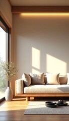 Fototapeta premium A minimalistic modern living room with natural light and beige tones.