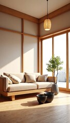 A serene and minimalist living room with Japanese-inspired elements.