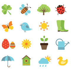 Cute spring elements set. Hello spring. Springtime stickers for poster and greeting cards. Hand drawn vector illustration. 