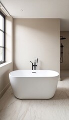 A modern bathroom with a freestanding bathtub and large window.