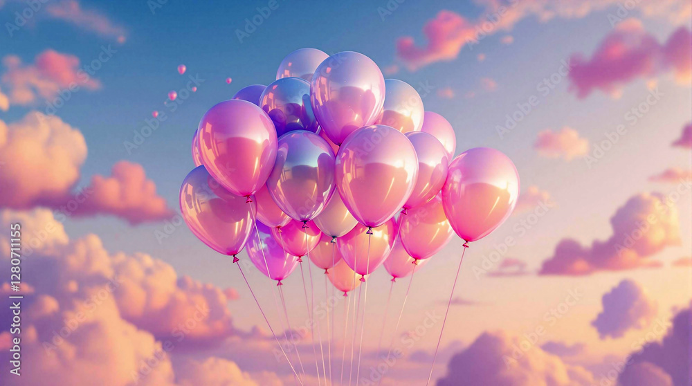Poster a dreamy, ethereal scene of a cluster of pink balloons floating amidst a backdrop of fluffy white cl