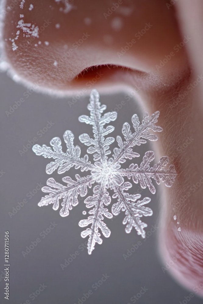 Poster a detailed shot of a delicate snowflake resting on someone's ear, perfect for use in winter-themed d