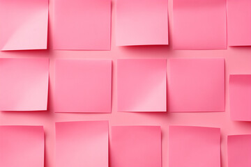 Bright pink sticky notes arranged in grid pattern on pink background, showcasing their smooth texture and vibrant color. Perfect for organization and reminders