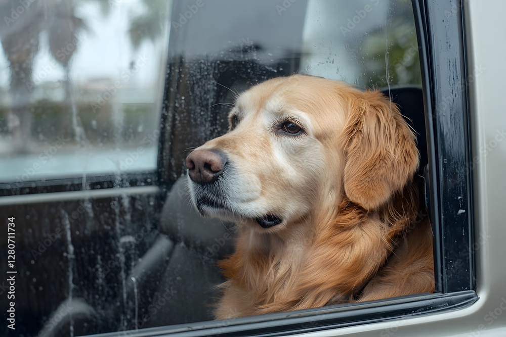 Wall mural golden retriever dog looking out of a car window on vacation, with palm trees and a sea background o