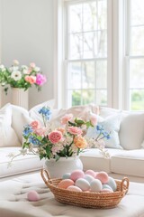 Easter eggs in basket and fresh tulips in vase on table in living room, Easter home interior decoration concept, pastel colors, 3d rendering.