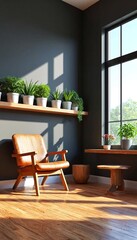 Fototapeta premium A cozy room with plants on a shelf and sunlight streaming through the windows.