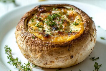 Close-up image of the stuffed champignon mushrooms with cheese on a white plate