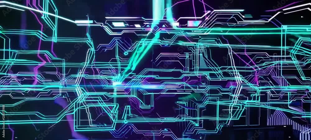 Poster futuristic neon circuitry: dynamic abstract light patterns in motion